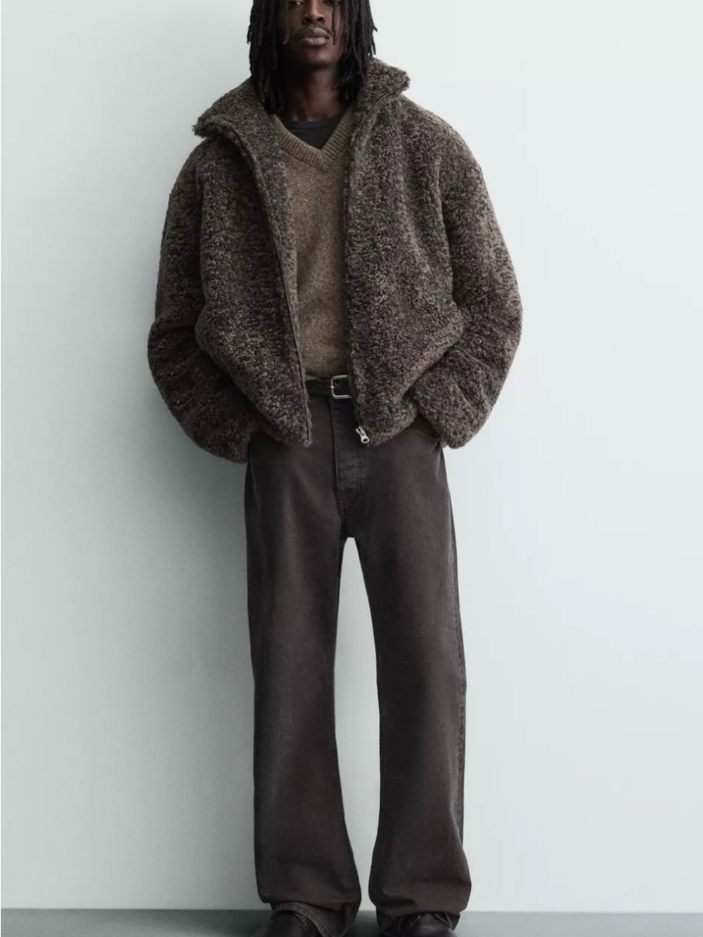 Zara Men's Dark Brown Faux-Shearling Puffer Jacket